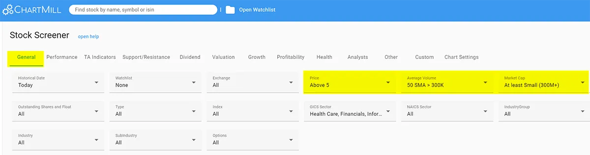 ChartMill General Filter